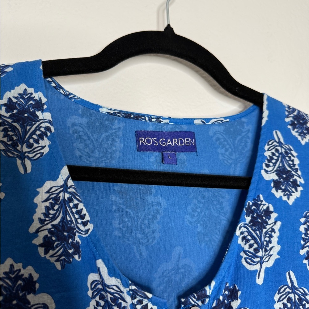 Ro’s Garden Blue Floral Cotton Sleeveless V Neck Lined Dress Size L - Picture 5 of 15